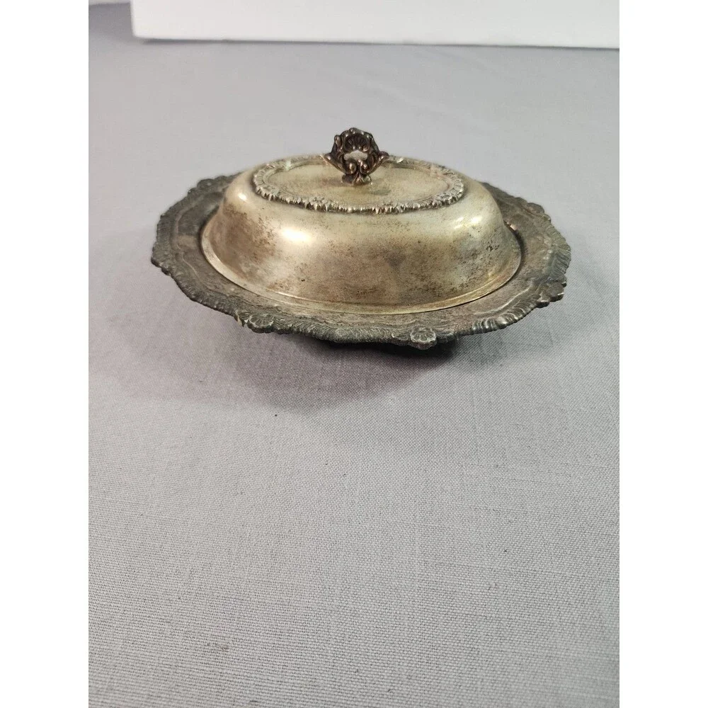 Vintage Silverplate Covered Serving Dish Butter Dish Ornate Floral Design